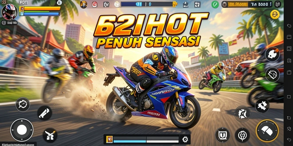 Screenshot dari gameplay seru 62HOT dengan aksi balapan motor.