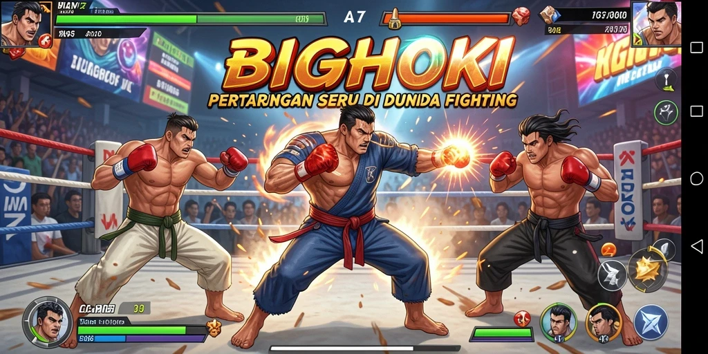 Tangkapan layar utama BIGHOKI saat karakter bertarung di arena.