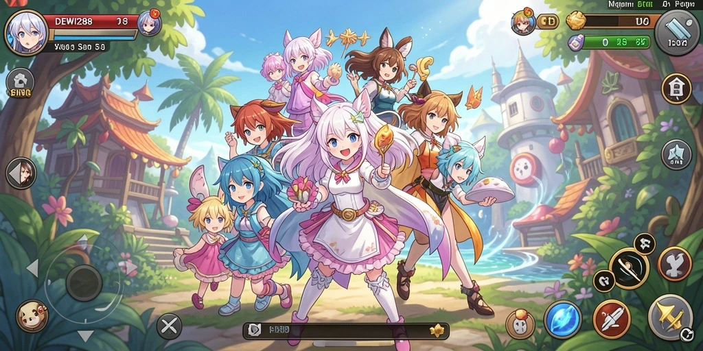 Tampilan gameplay seru dengan karakter anime yang beraksi.