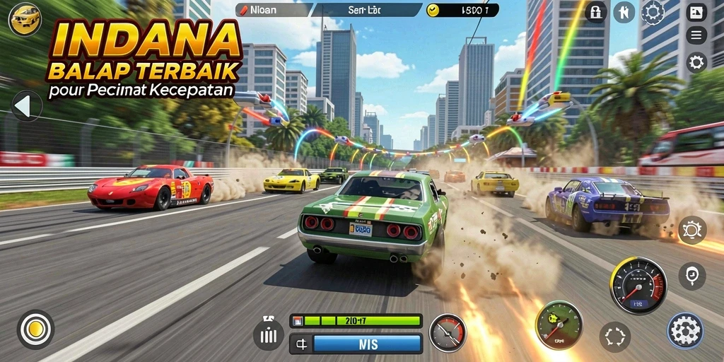 Screenshot gameplay INDAAA menunjukkan aksi balap yang mendebarkan.